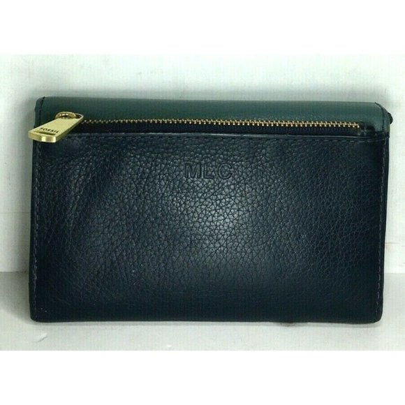 Fossil Green and Blue Leather Checkbook Card ID Clutch Wallet  (Monogram MLC) - Picture 2 of 12